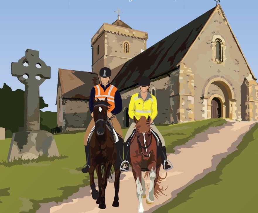 Horseman's Sunday. Two horse riders riding infront of St Martha's Church