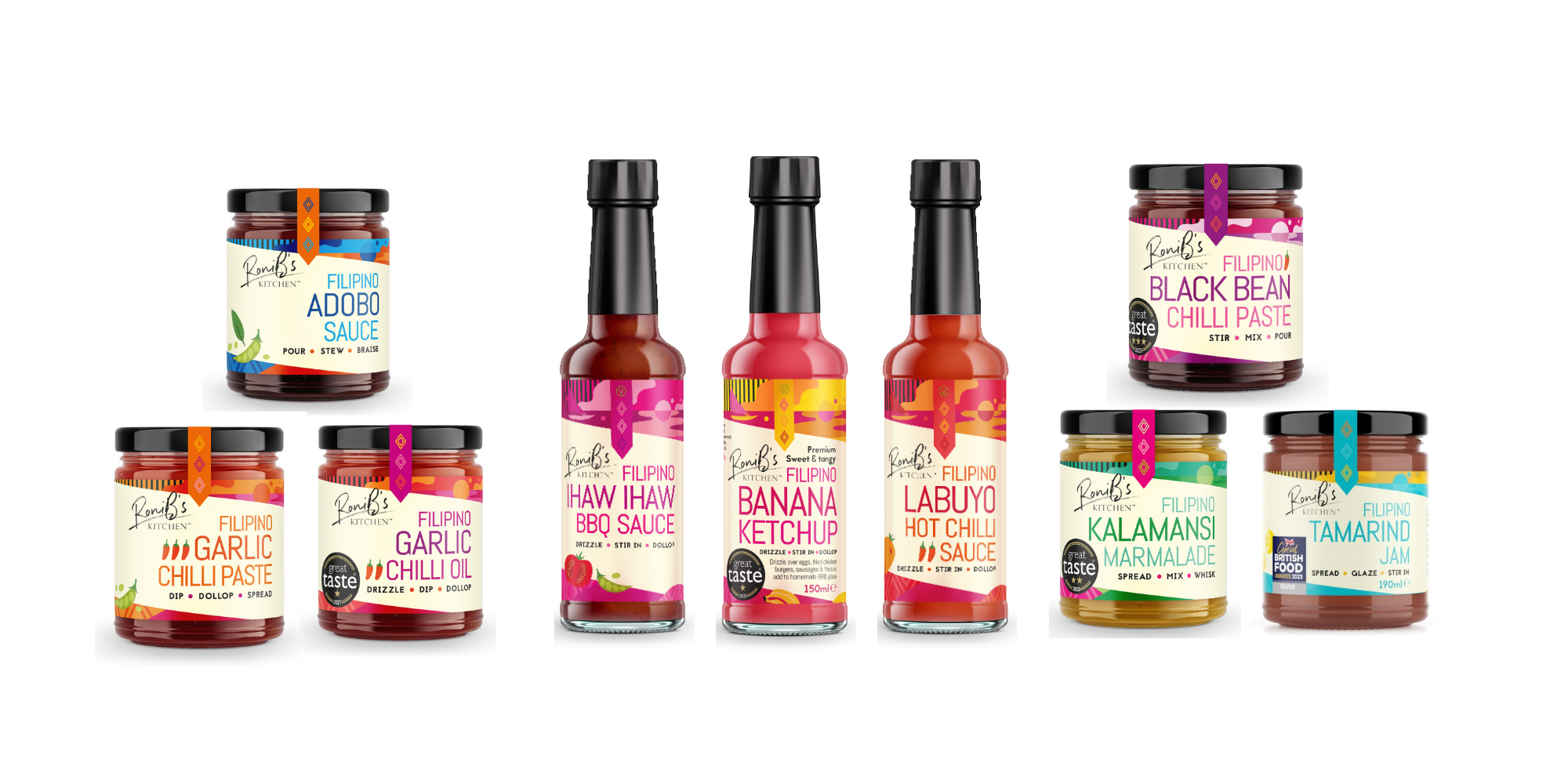 Full range of RoniB’s Kitchen Filipino-inspired sauces, condiments and preserves including Adobo Sauce, Garlic Chilli Paste, Garlic Chilli Oil, Ihaw Ihaw BBQ Sauce, Banana Ketchup, Labuyo Hot Chilli Sauce, Black Bean Chilli Paste, Kalamansi Marmalade and Tamarind Jam.