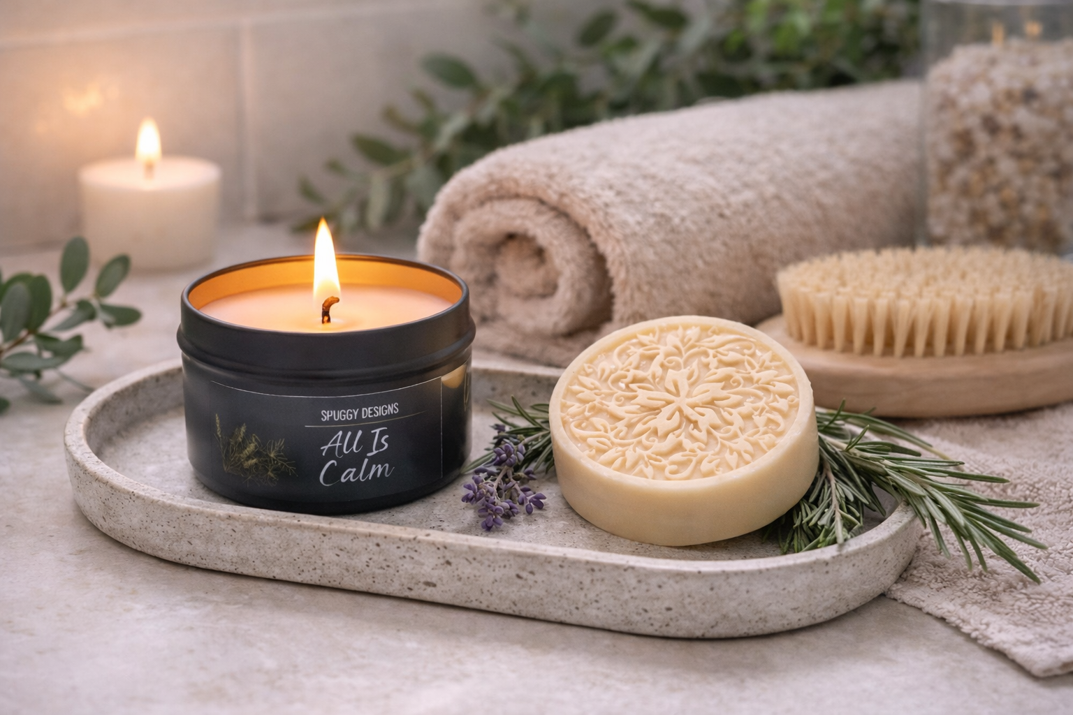 A styled photo showing a lit Spuggy Designs 'All Is Calm' candle, with a 80g lanolin enriched soap bar next to it. Both products are in a spa style bathroom setting.