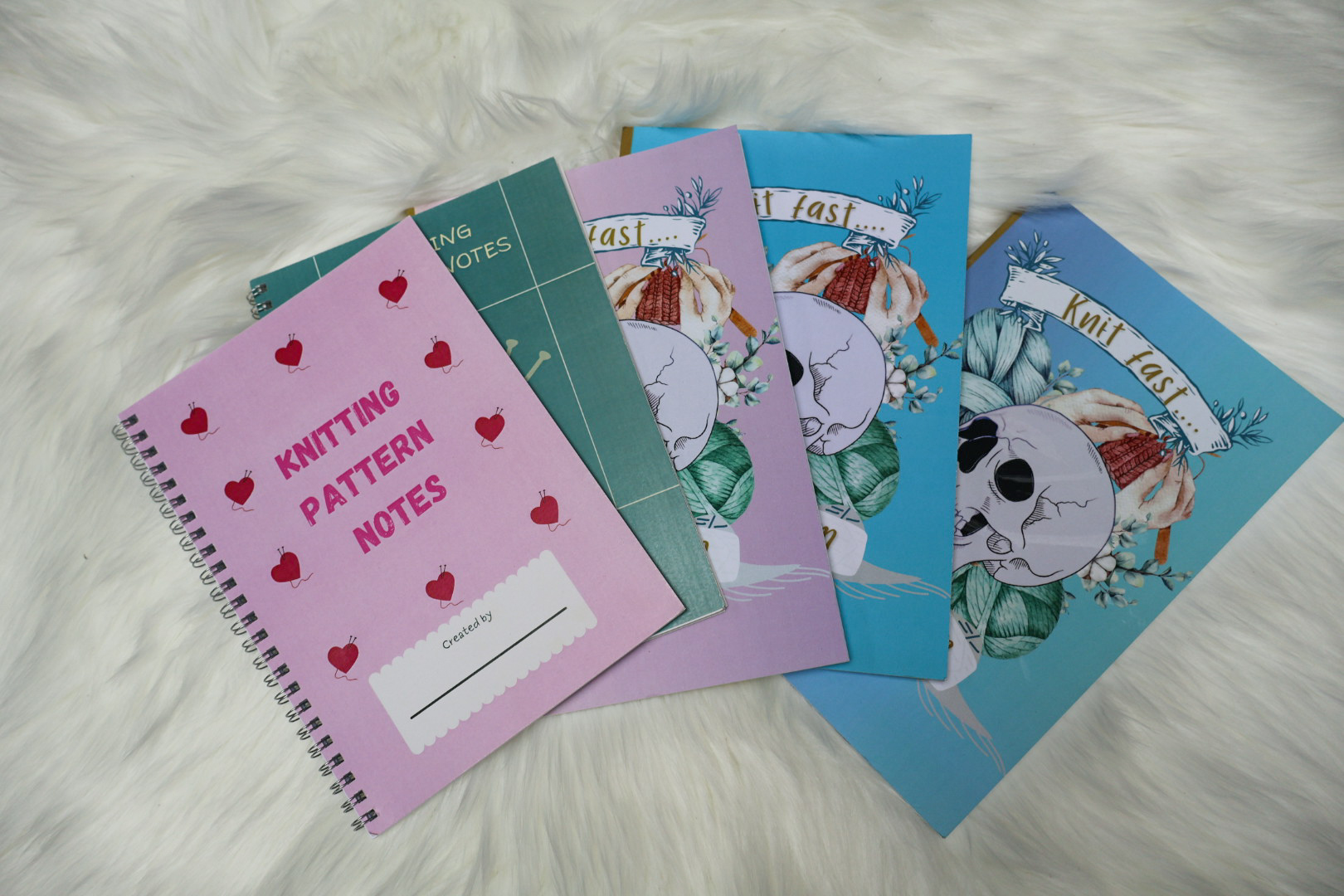 Spuggy Designs knitting pattern notebooks and notepads.
