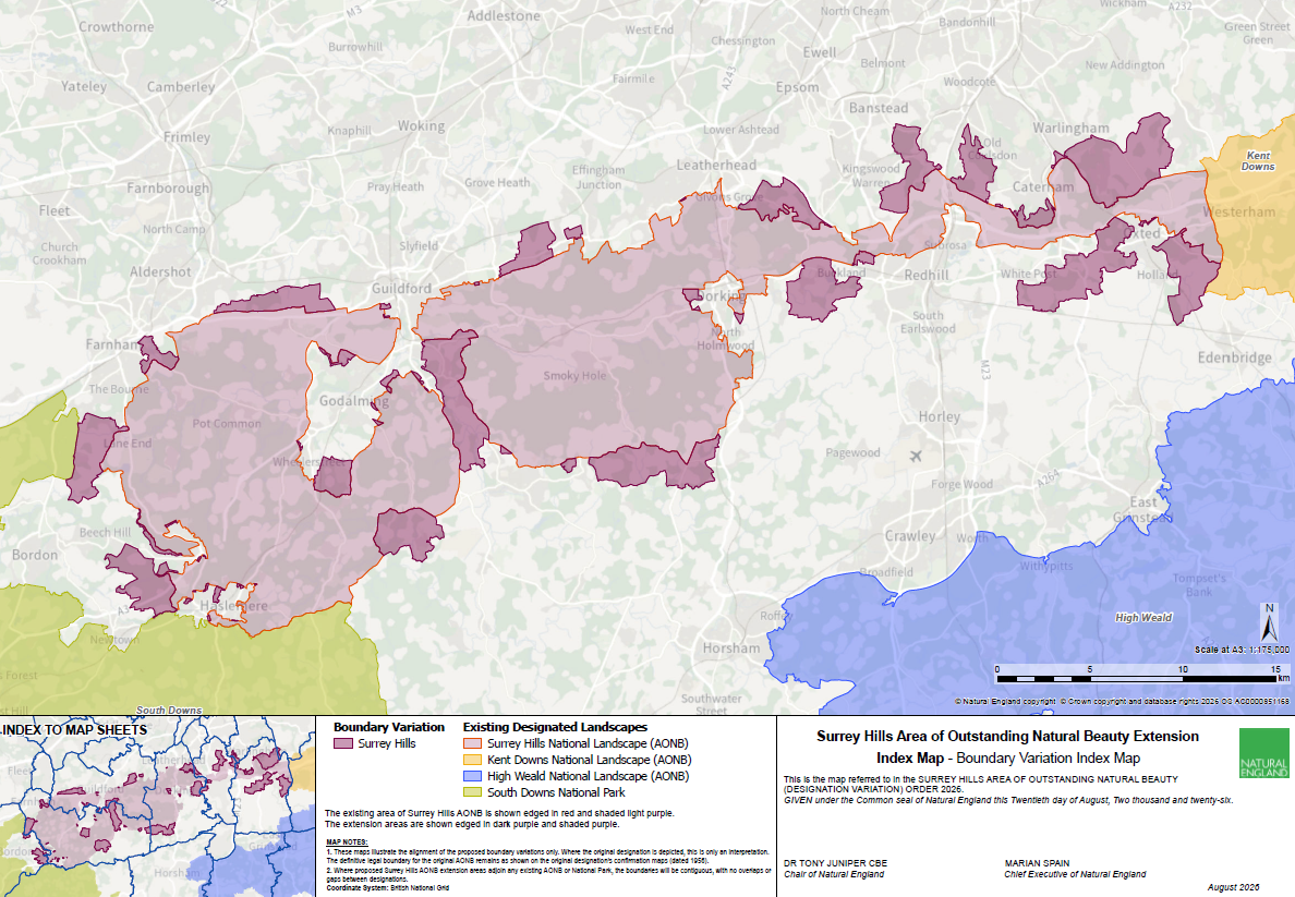 Map showing Surrey Hills National Landscape (AONB) boundary and proposed extension
